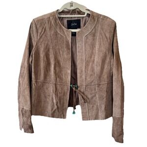 Za Zee Leather Jacket Women L Taupe Tan Cropped Length Long Sleeve Tie Front EUC